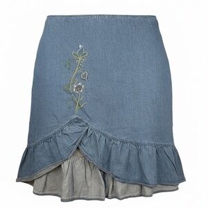Sunshine Apparel Blue Denim Skirt Floral Embroidered Ruffle‎ Hem Plus 20W NEW